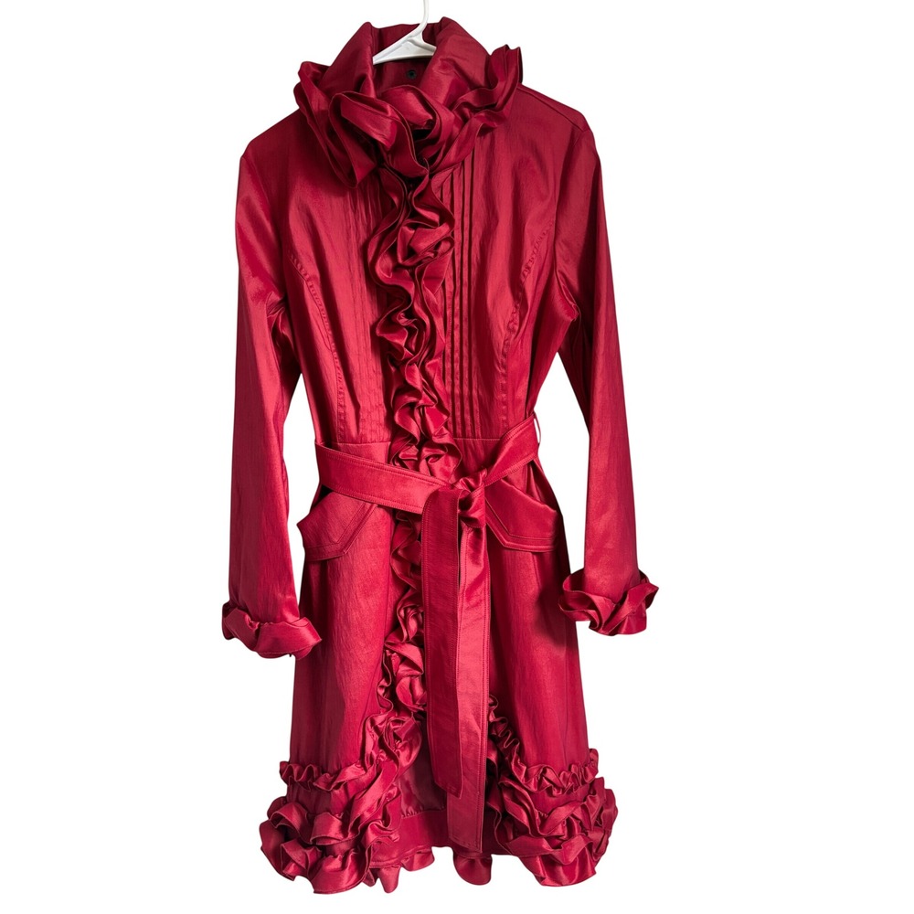 Samuel Dong Red Ruffle Trench Coat Women Small Dramatic Collar Belted Jacket